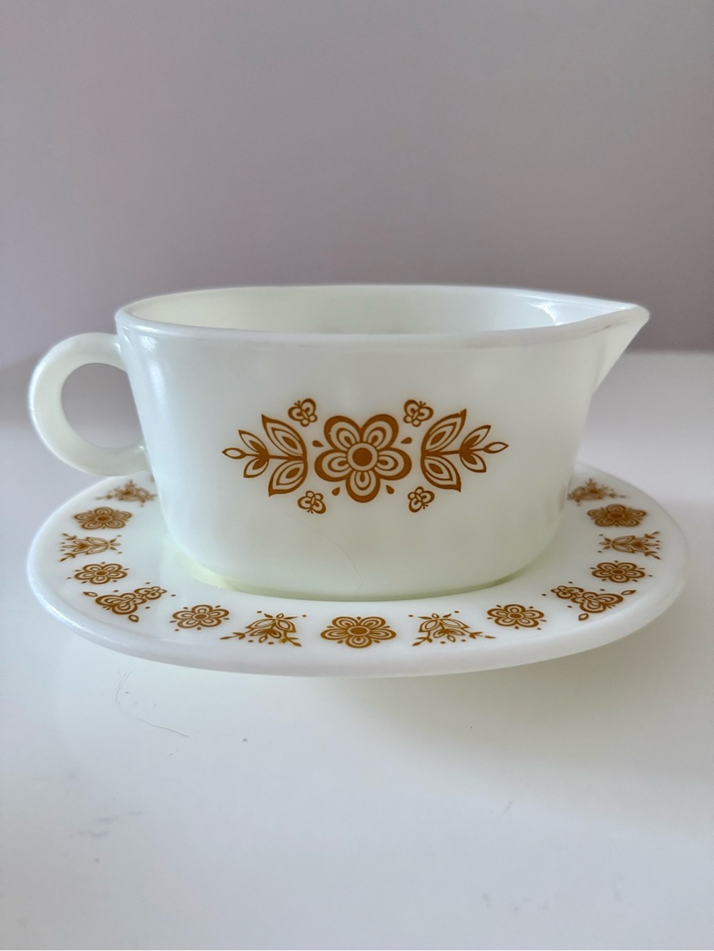Vintage Pyrex Butterfly Gold Gravy Boat and Underplate